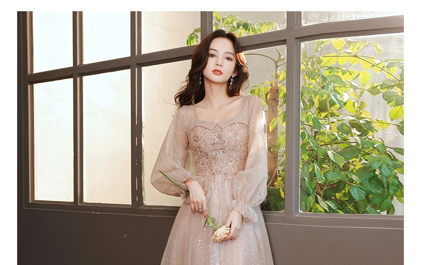 Glitter Mesh Neck (Various Dress Long-Sleeve Cocktail Designs) Embellished Square