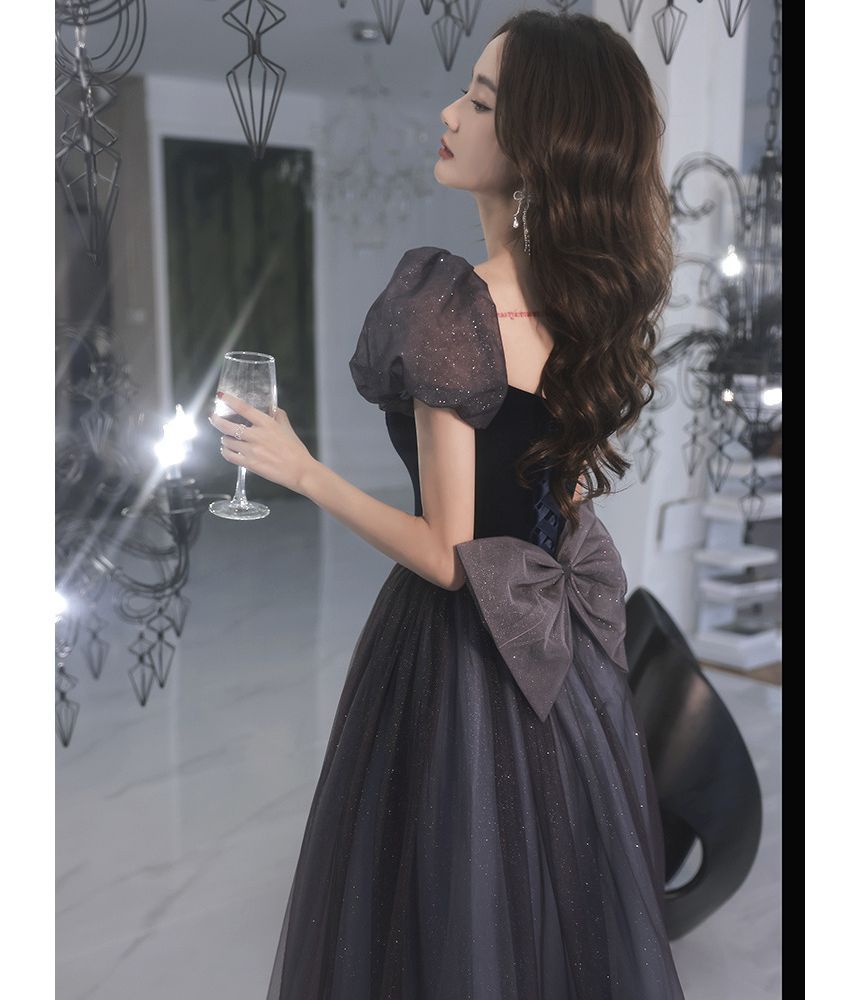 Gown A-Line Mesh Puff-Sleeve Bow Glitter Evening