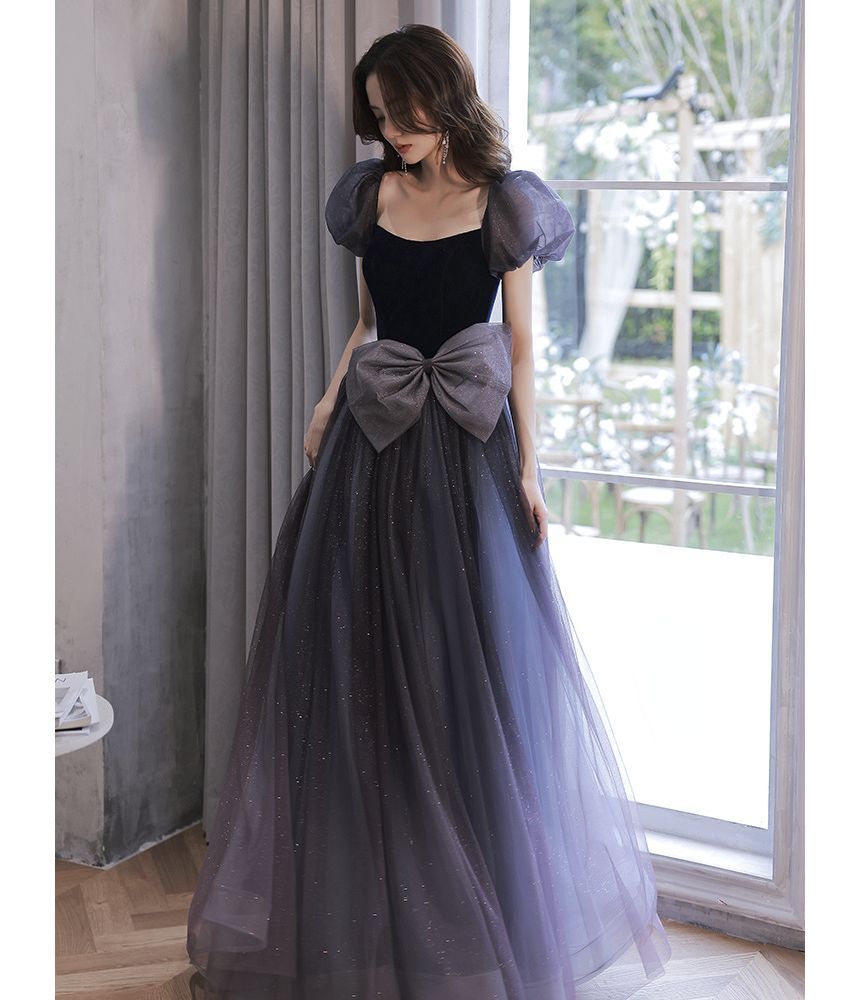 Gown A-Line Mesh Puff-Sleeve Bow Glitter Evening