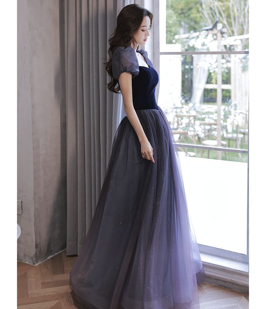 Gown A-Line Mesh Puff-Sleeve Bow Glitter Evening