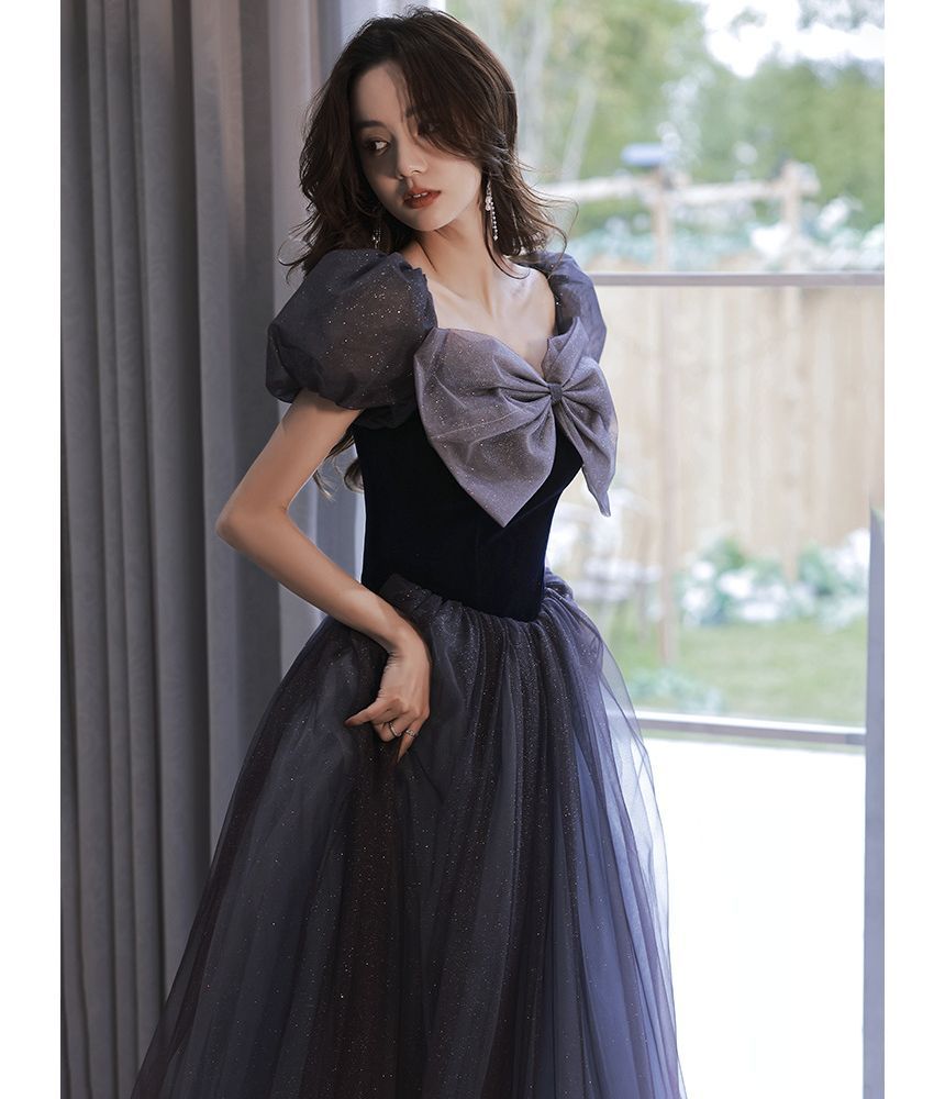 Gown A-Line Mesh Puff-Sleeve Bow Glitter Evening