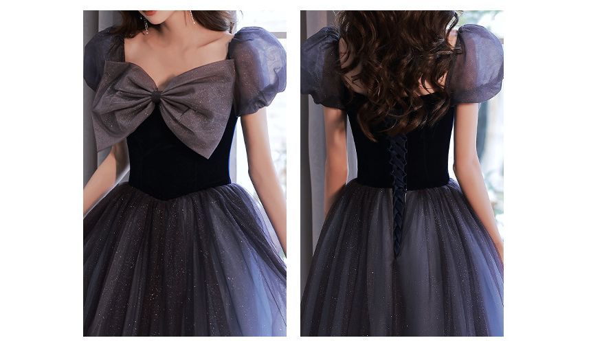Gown A-Line Mesh Puff-Sleeve Bow Glitter Evening