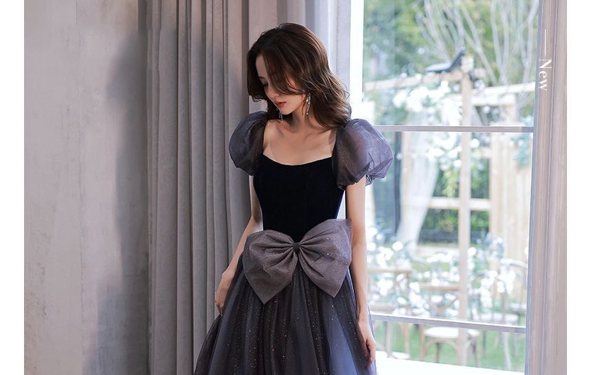 Gown A-Line Mesh Puff-Sleeve Bow Glitter Evening