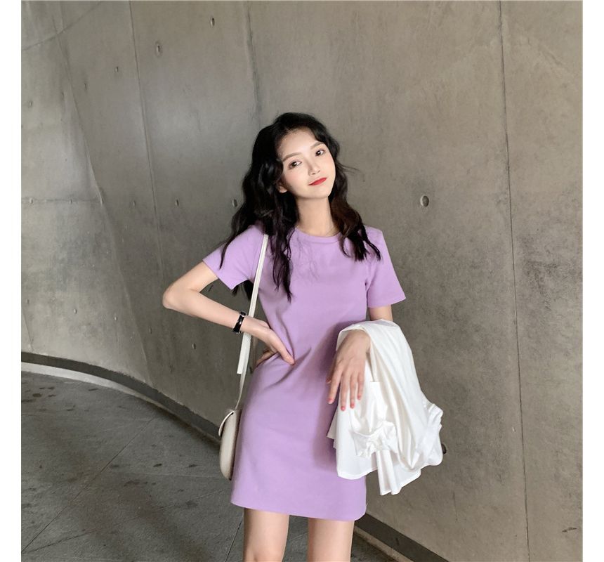 Round Dress Mini Plain Neck T-Shirt Short-Sleeve