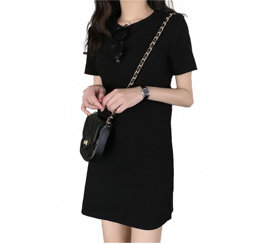 Round Dress Mini Plain Neck T-Shirt Short-Sleeve