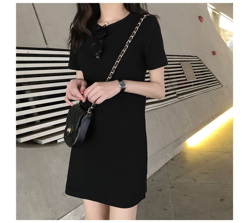 Round Dress Mini Plain Neck T-Shirt Short-Sleeve