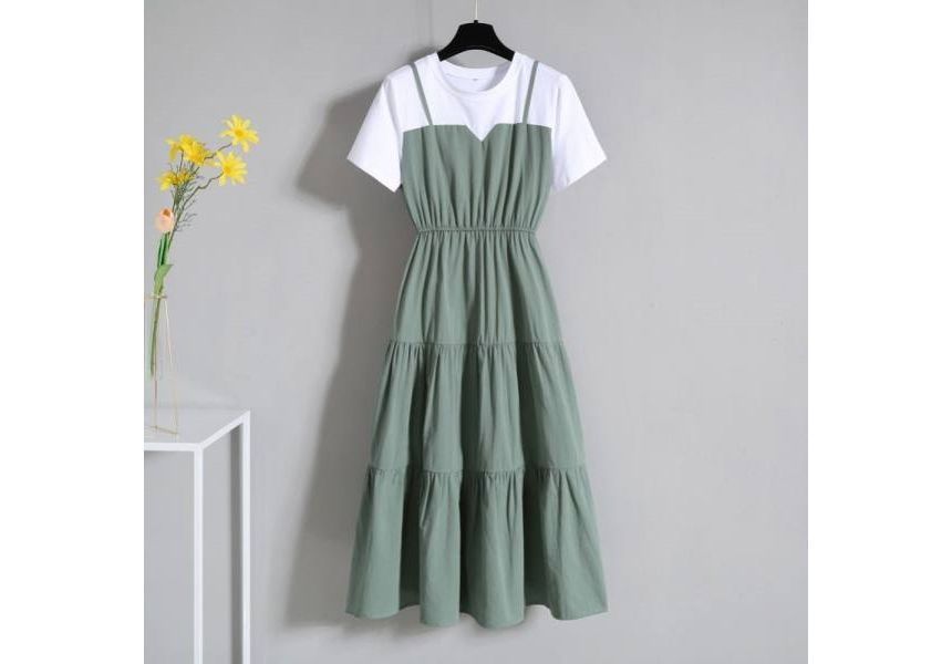 Midi Mock Neck Dress Round Short-Sleeve Two-Piece A-Line