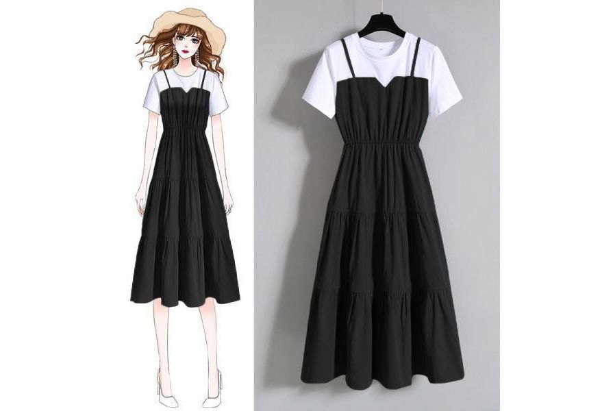 Midi Mock Neck Dress Round Short-Sleeve Two-Piece A-Line