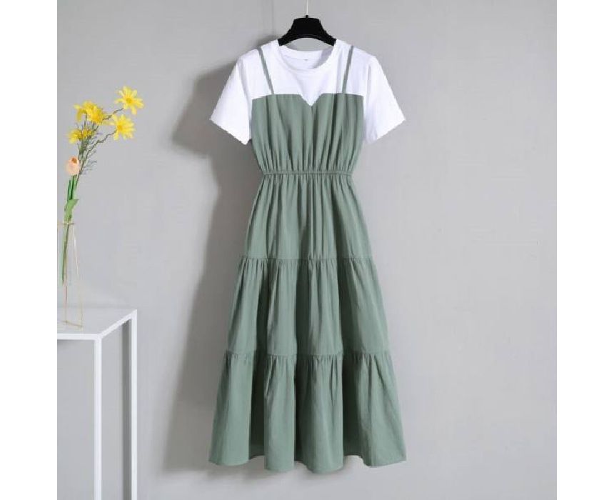 Midi Mock Neck Dress Round Short-Sleeve Two-Piece A-Line