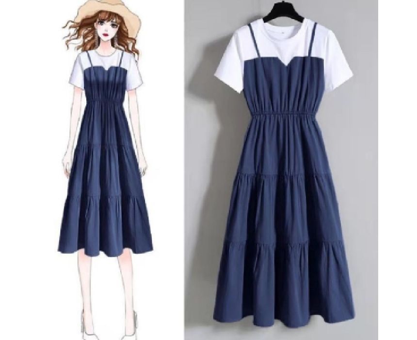 Midi Mock Neck Dress Round Short-Sleeve Two-Piece A-Line