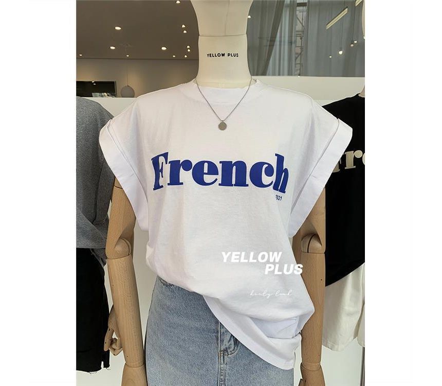 Long Neck Round Cap-Sleeve Lettering T-Shirt