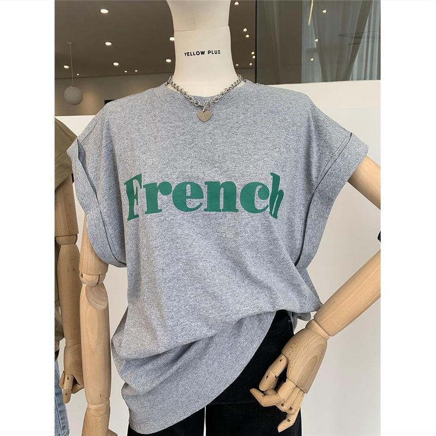 Long Neck Round Cap-Sleeve Lettering T-Shirt