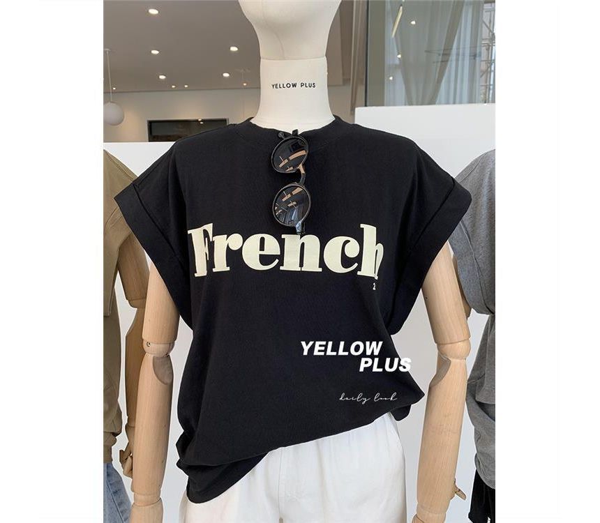 Long Neck Round Cap-Sleeve Lettering T-Shirt