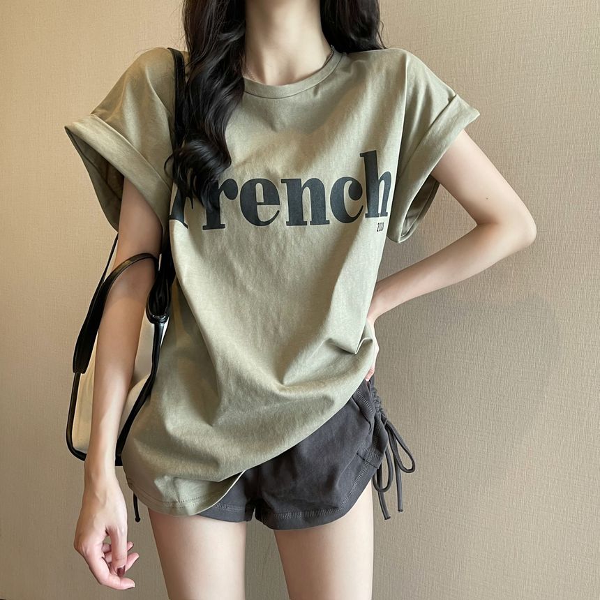 Long Neck Round Cap-Sleeve Lettering T-Shirt