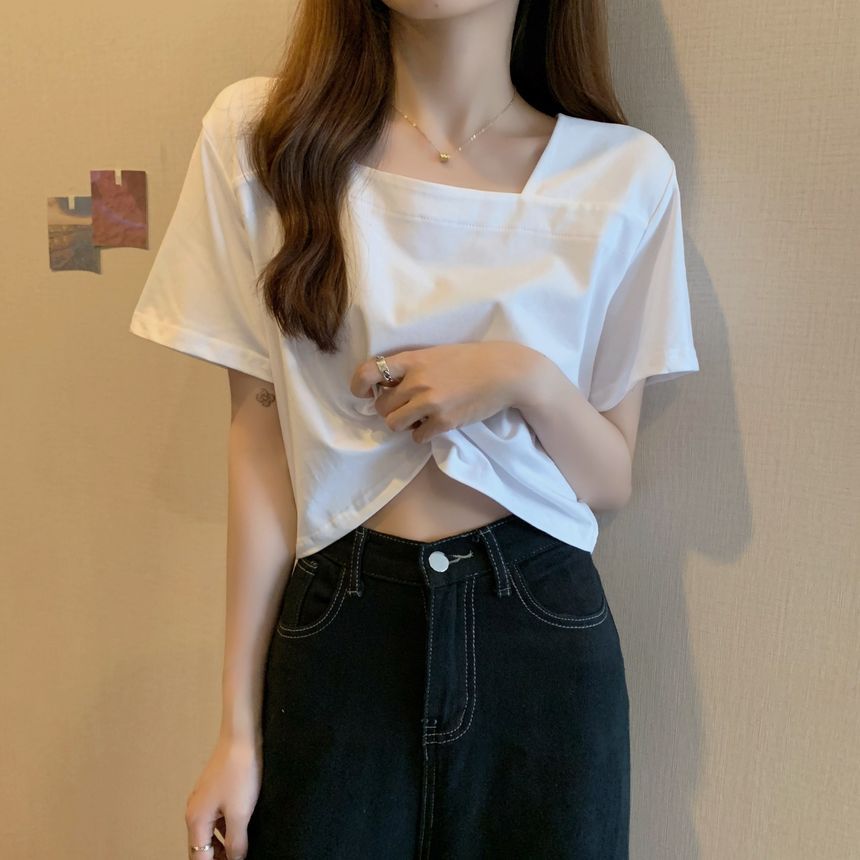 Blouse Neck Plain Square Cropped Short-Sleeve