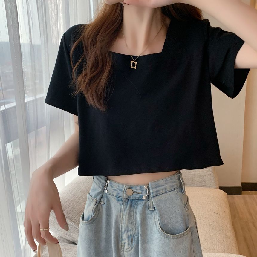 Blouse Neck Plain Square Cropped Short-Sleeve
