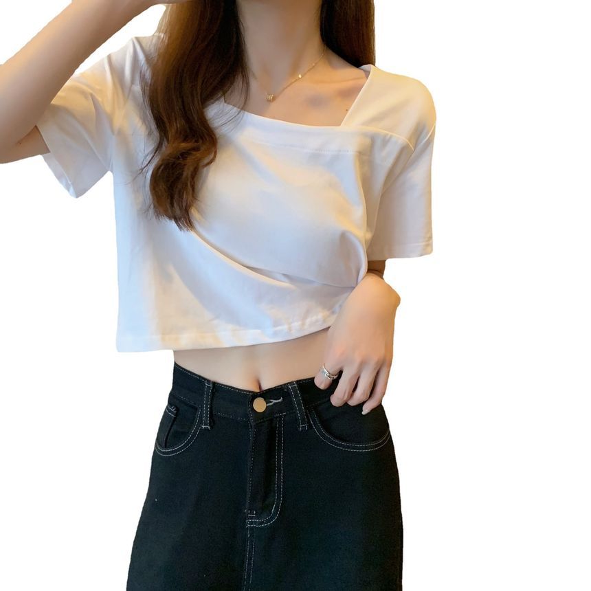 Blouse Neck Plain Square Cropped Short-Sleeve