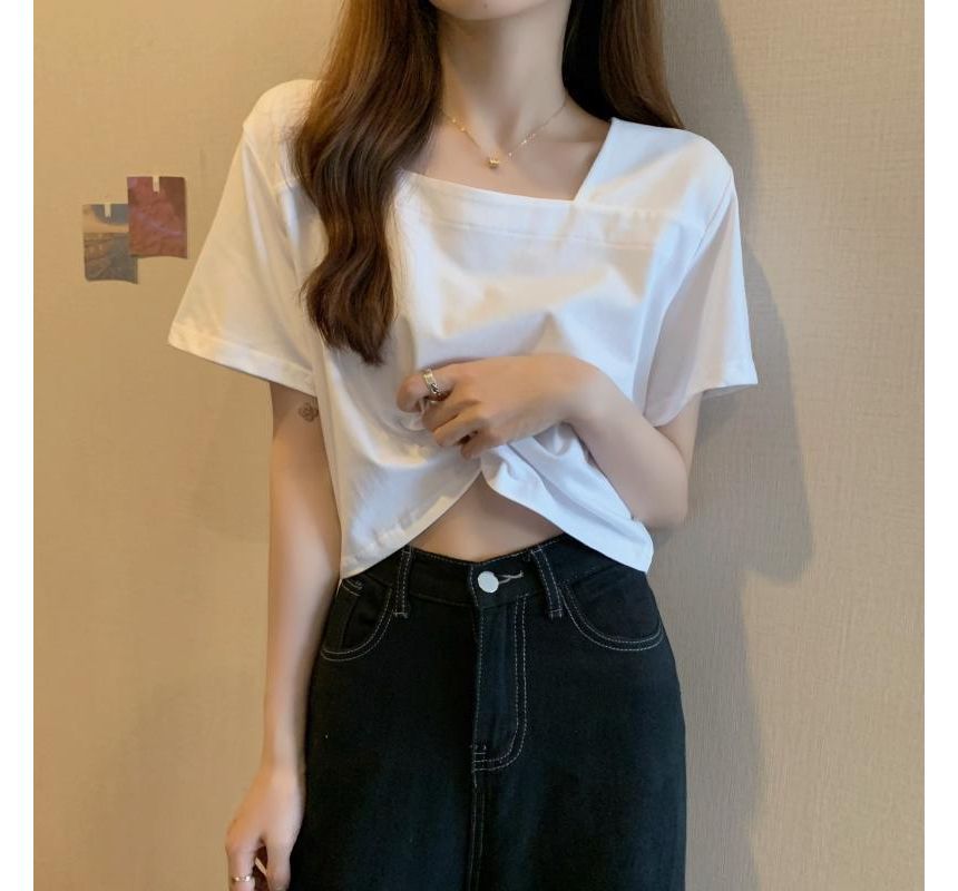 Blouse Neck Plain Square Cropped Short-Sleeve