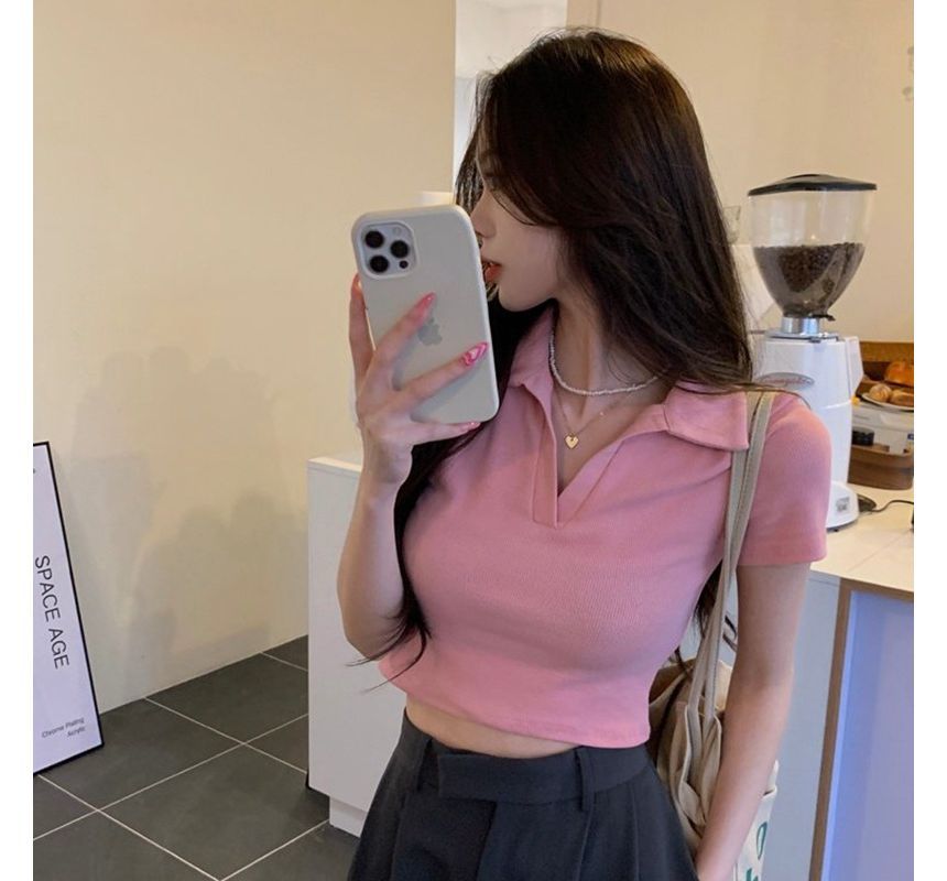 Plain Top Short-Sleeve Crop Polo