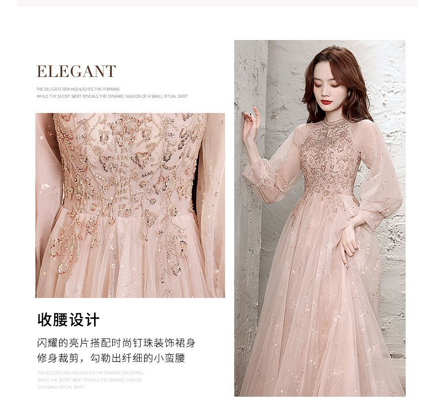 Long-Sleeve Mesh Gown Evening A-Line Sequin
