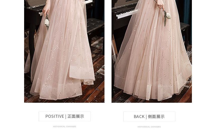 Long-Sleeve Mesh Gown Evening A-Line Sequin