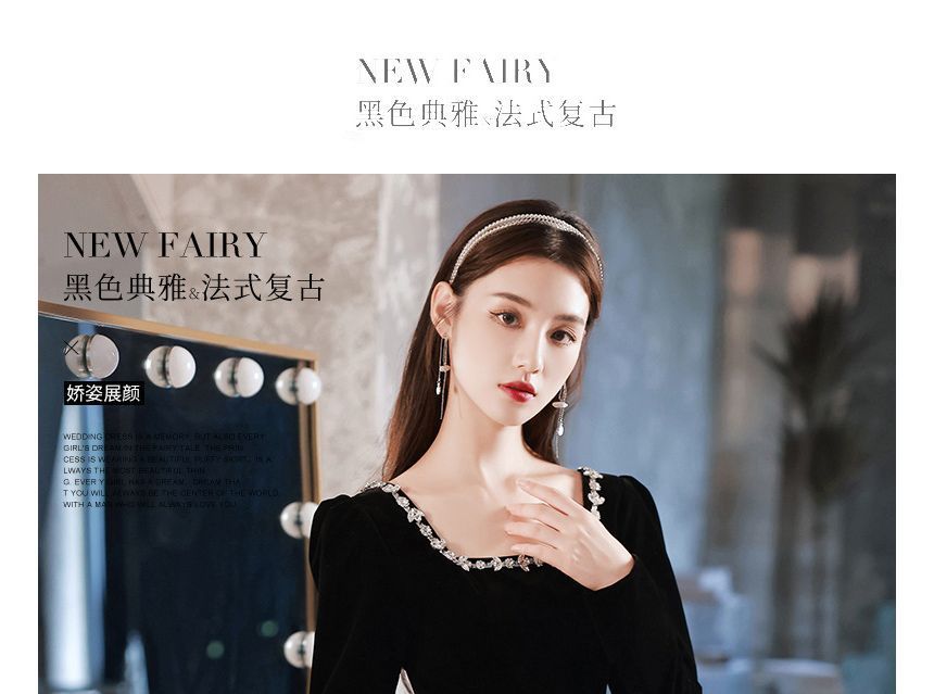 Gown Neck / A-Line Evening Square Dress Rhinestone Long-Sleeve Cocktail