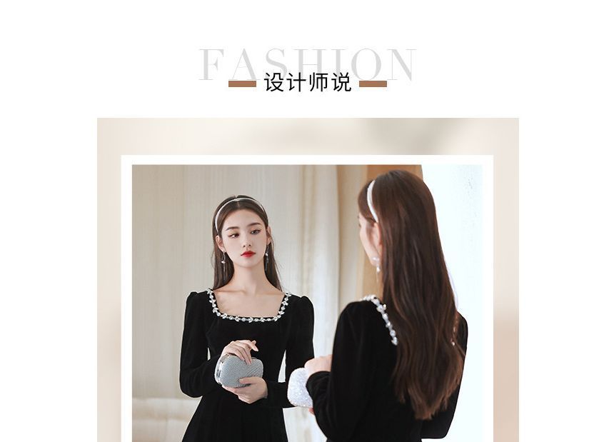 Gown Neck / A-Line Evening Square Dress Rhinestone Long-Sleeve Cocktail