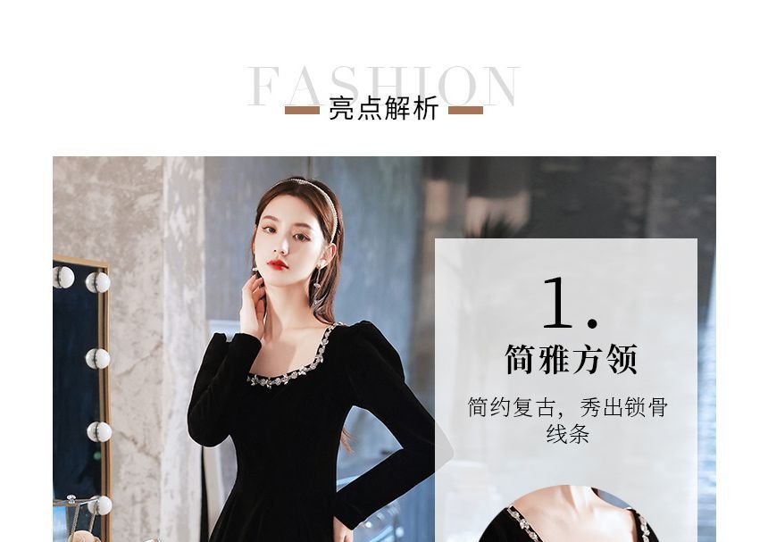 Gown Neck / A-Line Evening Square Dress Rhinestone Long-Sleeve Cocktail