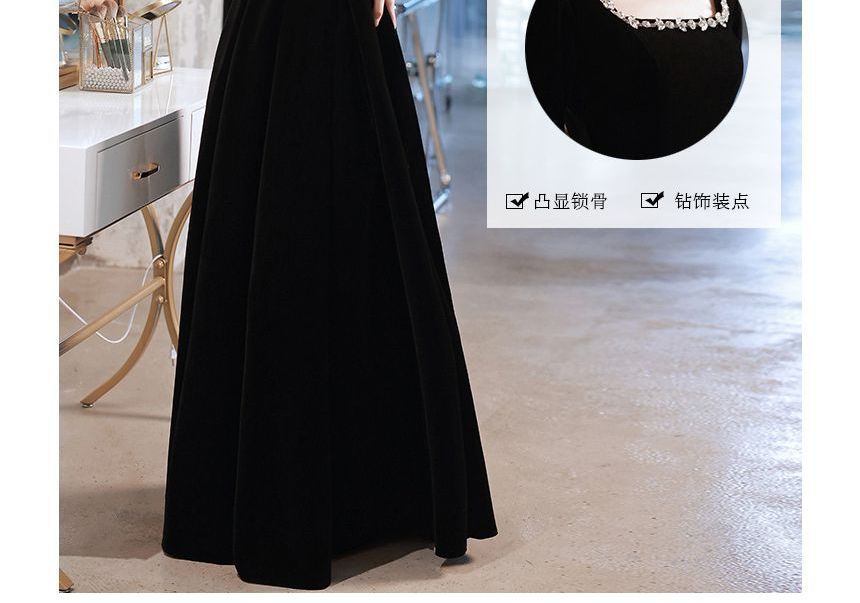 Gown Neck / A-Line Evening Square Dress Rhinestone Long-Sleeve Cocktail