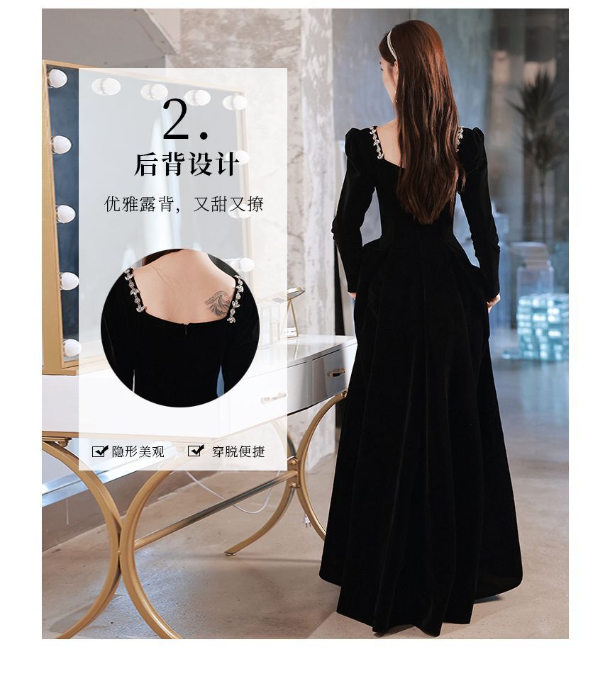 Gown Neck / A-Line Evening Square Dress Rhinestone Long-Sleeve Cocktail