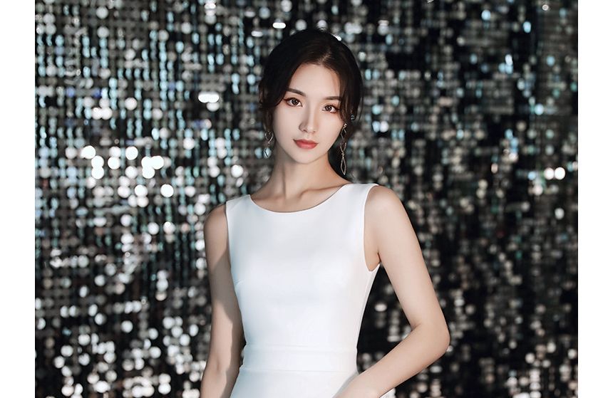 Wedding Mermaid Panel Gown Sleeveless Ruffle Plain