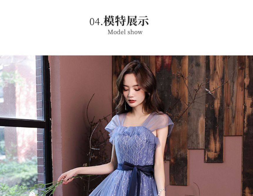 Gown Mesh Evening Sleeveless A-Line Tie-Waist