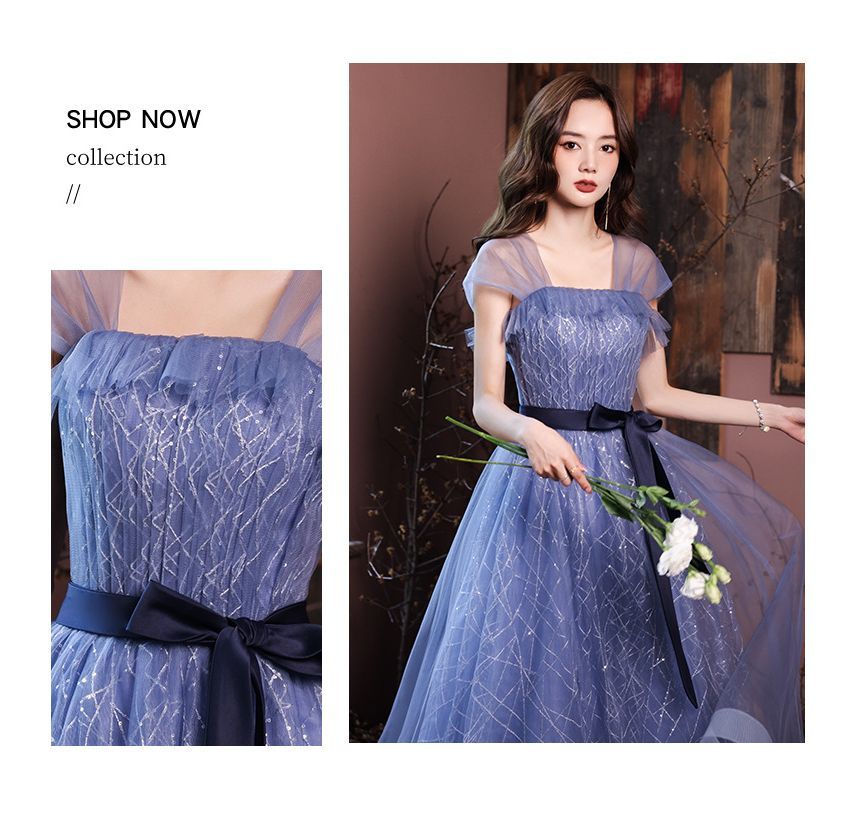 Gown Mesh Evening Sleeveless A-Line Tie-Waist
