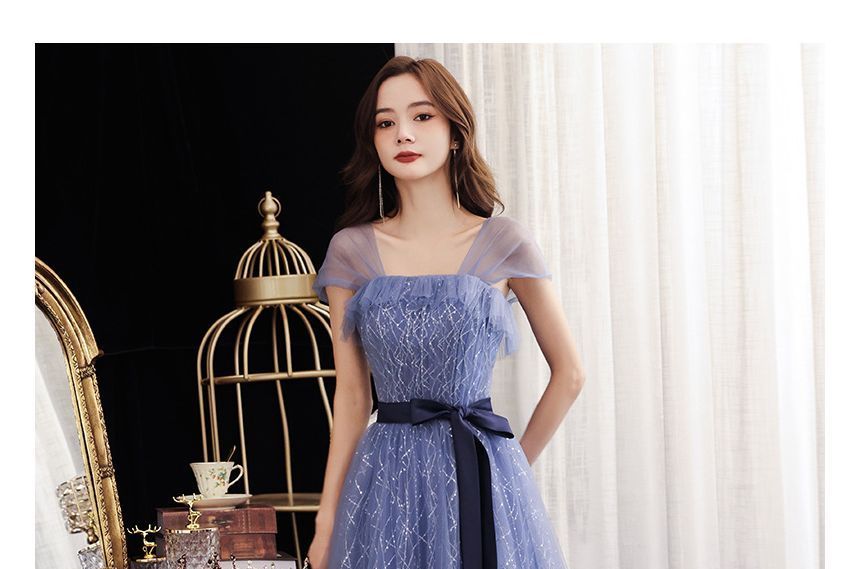 Gown Mesh Evening Sleeveless A-Line Tie-Waist