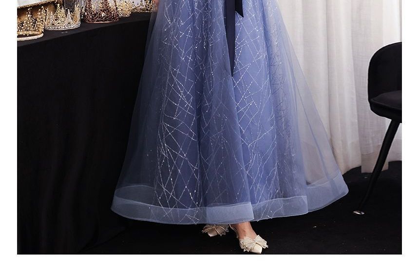 Gown Mesh Evening Sleeveless A-Line Tie-Waist