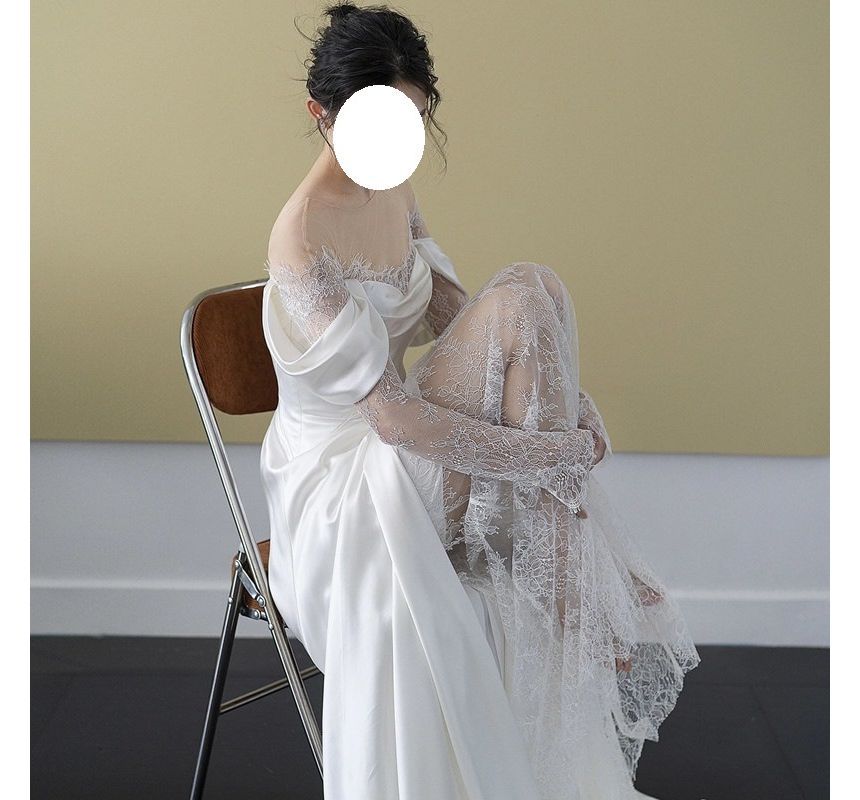 A-Line Long-Sleeve Gown Panel Off-Shoulder Plain Lace Wedding