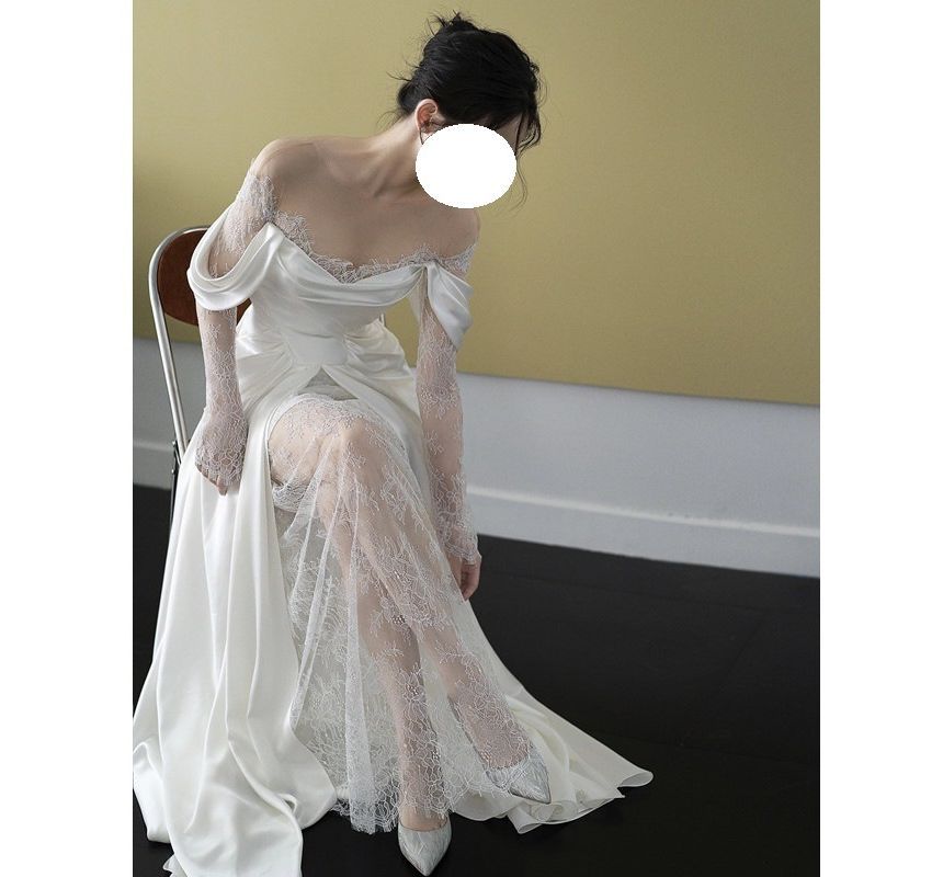 A-Line Long-Sleeve Gown Panel Off-Shoulder Plain Lace Wedding
