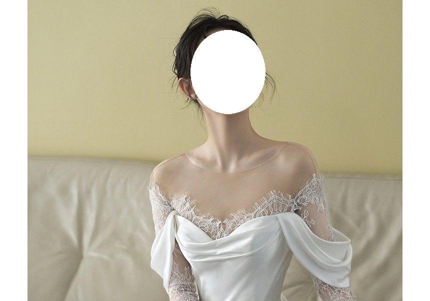 A-Line Long-Sleeve Gown Panel Off-Shoulder Plain Lace Wedding