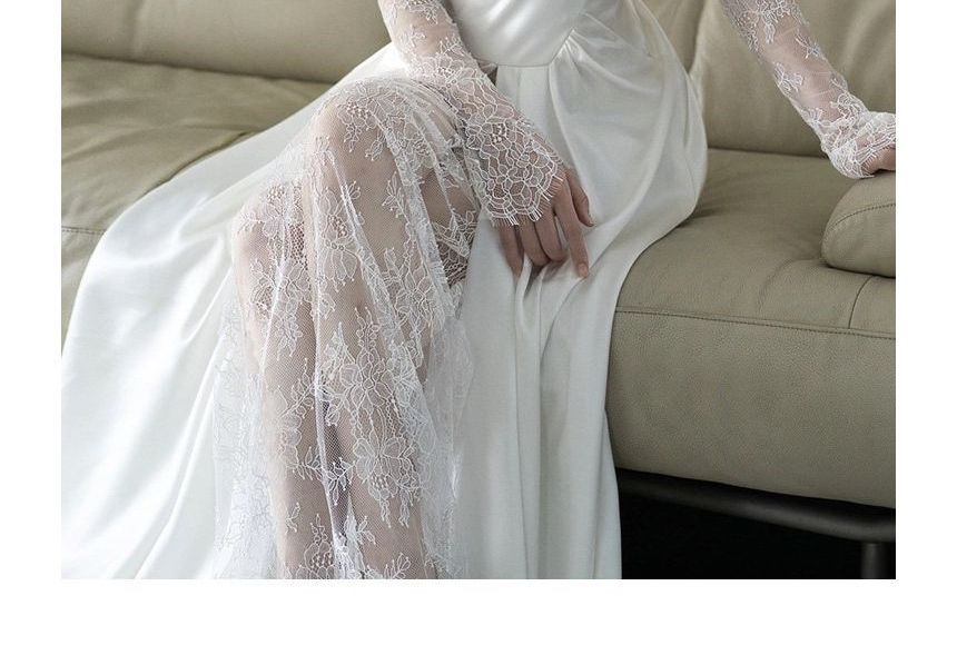 A-Line Long-Sleeve Gown Panel Off-Shoulder Plain Lace Wedding