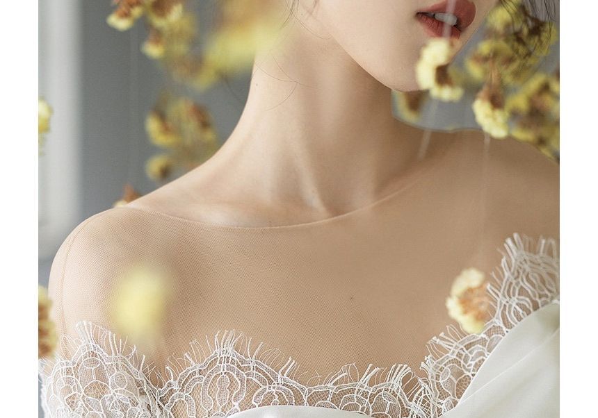 A-Line Long-Sleeve Gown Panel Off-Shoulder Plain Lace Wedding