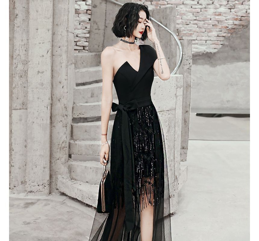 Sequin High Gown One-Shoulder Fringed Low Evening