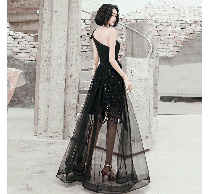 Sequin High Gown One-Shoulder Fringed Low Evening