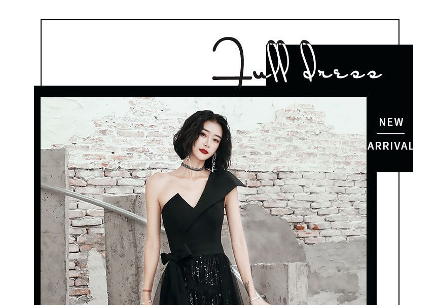 Evening Low Sequin Gown High One-Shoulder Fringed