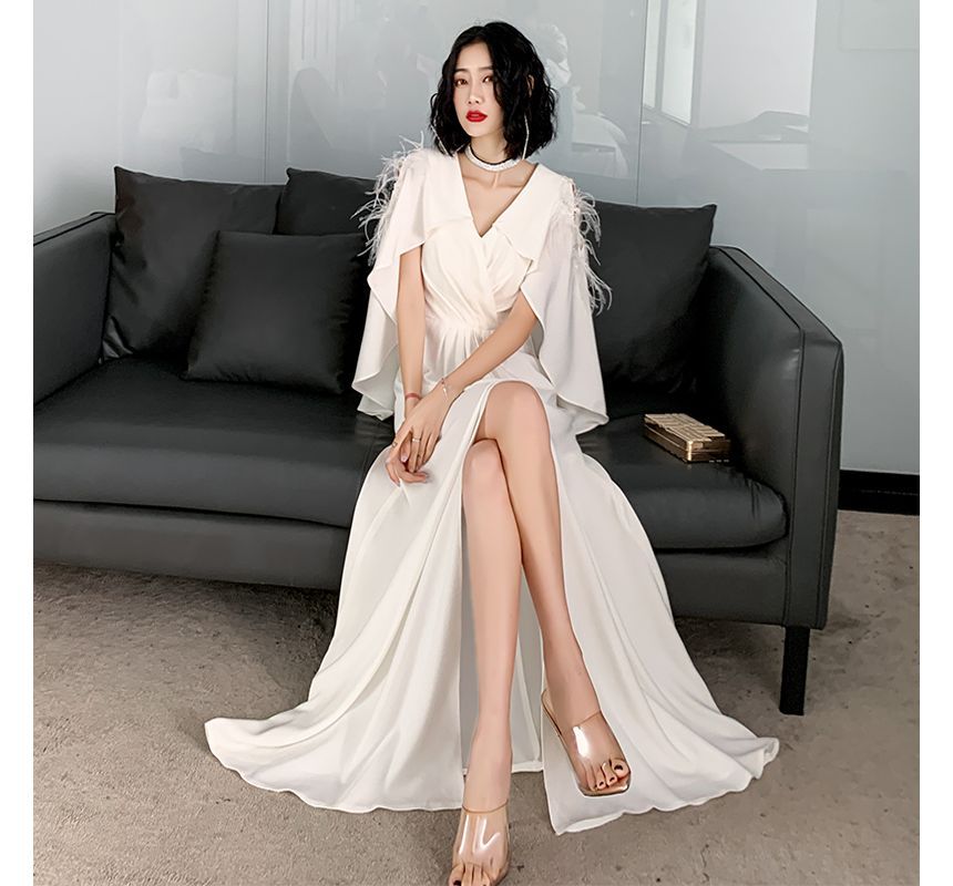 Cape-Sleeve V-Neck Gown Plain Silt Evening A-Line