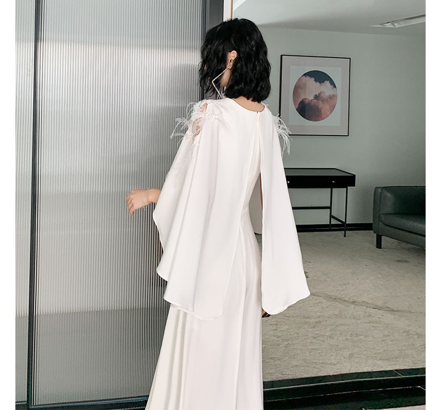 Cape-Sleeve V-Neck Plain Silt A-Line Evening Gown