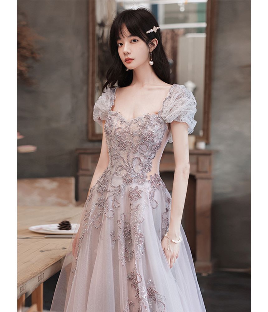 Cap-Sleeve Gown Mesh A-Line Sequin Evening