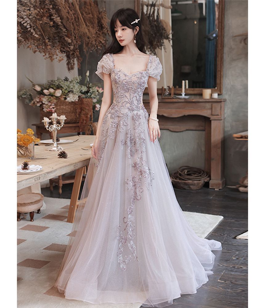 Cap-Sleeve Gown Mesh A-Line Sequin Evening