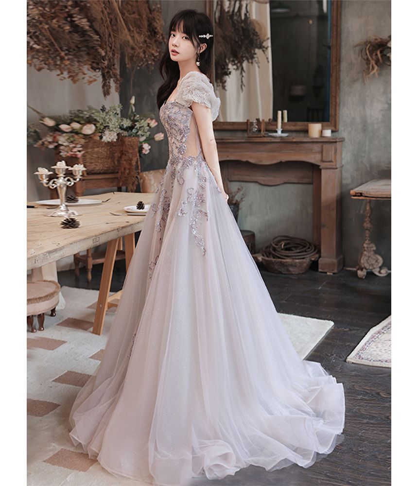 Cap-Sleeve Gown Mesh A-Line Sequin Evening