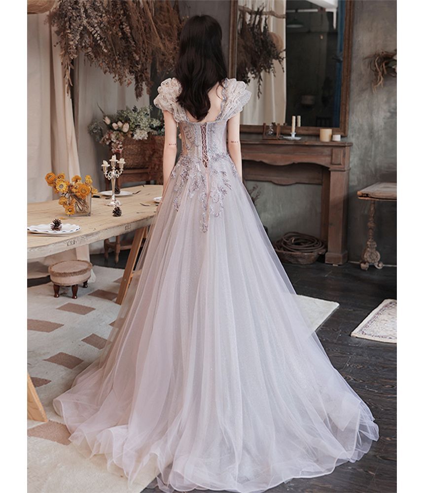 Cap-Sleeve Gown Mesh A-Line Sequin Evening