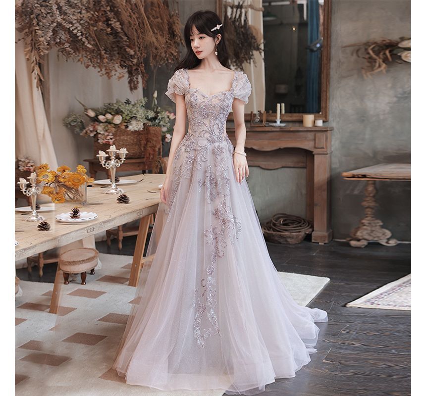 Cap-Sleeve Gown Mesh A-Line Sequin Evening